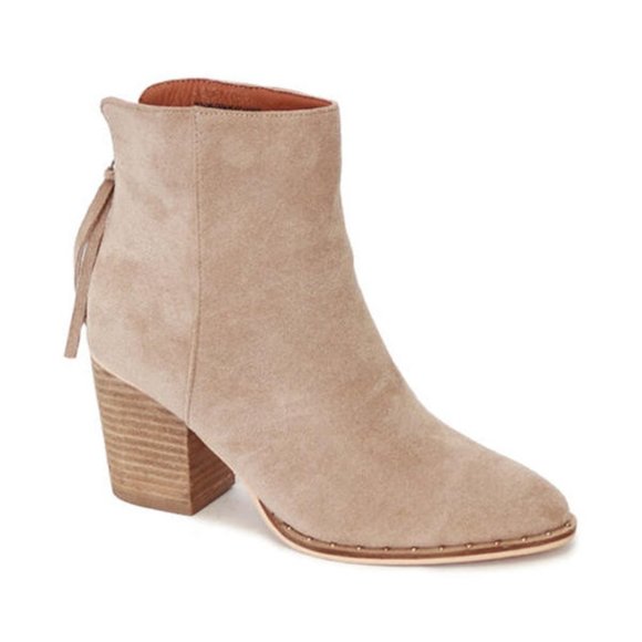 NEW Taupe Faux Suede Pointed Toe Rivet Mini Studded Block Heel Ankle Bootie Boot - Picture 16 of 16
